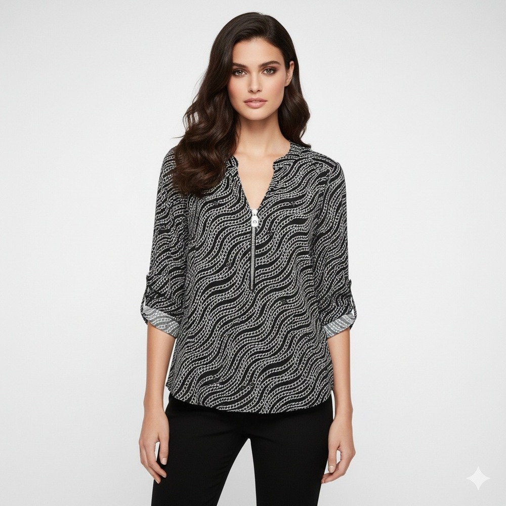 Michael Kors Blouse Womens M Black White Chainlink Print Monochrome Tunic Shirt